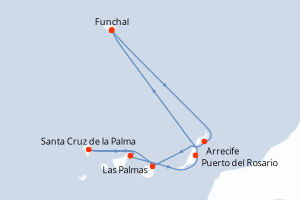 Carte itinéraire croisière Portugal, Espagne - 7 jours au départ de Funchal - Iles Canaries