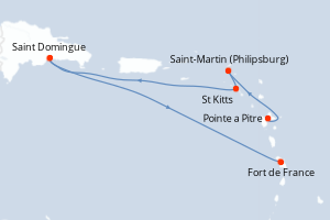 Carte itinéraire croisière Antilles - 5 jours au départ de Pointe a Pitre - Caraïbes Bahamas