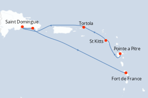Carte itinéraire croisière Antilles, Iles Vierges, Rép.Dominicaine - 6 jours au départ de Pointe a Pitre - Caraïbes Bahamas