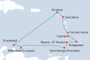 Carte itinéraire croisière Barbade, Saint Vincent-et-les-Grenadines, Grenade, Aruba, Royaume-Uni, Antigua-et-Barbuda, France, Sainte-Lucie - 11 jours au départ de Bridgetown - Caraïbes Bahamas
