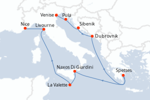 Carte itinéraire croisière Italie, Croatie, Grèce, Malte, France - 10 jours au départ de Venise - Méditerranée