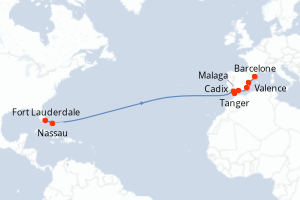 Carte itinéraire croisière États-Unis, Bahamas, Maroc, Espagne - 15 jours au départ de Fort Lauderdale - Transatlantique