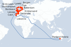 Carte itinéraire croisière Portugal, Espagne, Australie, Belgique, Allemagne, Norvège, Danemark, Suède, Royaume-Uni, Irlande, France, Pays-Bas - 48 jours au départ de Lisbonne - Atlantique