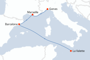 Carte itinéraire croisière Malte, Espagne, France, Italie - 4 jours au départ de La Valette - Méditerranée