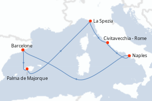 Carte itinéraire croisière Espagne, Italie - 7 jours au départ de Barcelone - Méditerranée