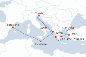 Carte itinéraire croisière Espagne, Malte, Grèce, Italie, Turquie - 11 jours au départ de Barcelone - Méditerranée