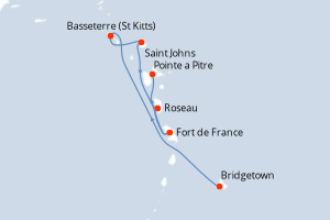 Carte itinéraire croisière Barbade, Royaume-Uni, Antigua-et-Barbuda, Dominique, France - 6 jours au départ de Bridgetown - Caraïbes Bahamas