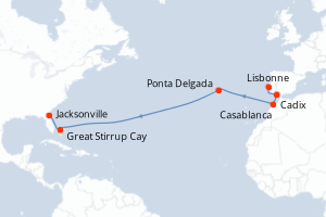 Carte itinéraire croisière Portugal, Espagne, Maroc, Bahamas, États-Unis - 14 jours au départ de Lisbonne - Caraïbes Mexique
