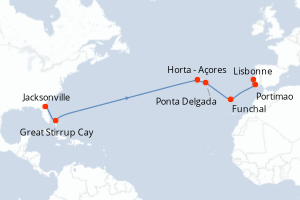Carte itinéraire croisière États-Unis, Bahamas, Portugal - 15 jours au départ de Jacksonville - Atlantique