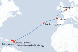 Carte itinéraire croisière Odyssée Tropicale - 16 jours au départ de Dunkerque - Transatlantique