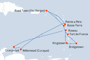 Carte itinéraire croisière Nouvel An dans les Antilles - 13 jours au départ de Pointe a Pitre - Caraïbes Bahamas