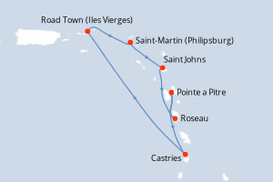 Carte itinéraire croisière Le meilleur des Antilles - 7 jours au départ de Pointe a Pitre - Caraïbes Bahamas