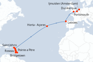 Carte itinéraire croisière Paradis insulaires et transatlantiques - 22 jours au départ de Pointe a Pitre - Transatlantique
