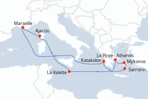 Carte itinéraire croisière Secrets Helléniques - 11 jours au départ de Marseille - Méditerranée