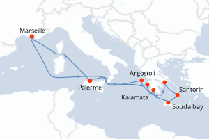 Carte itinéraire croisière Odyssée Hellénique - 12 jours au départ de Marseille - Méditerranée