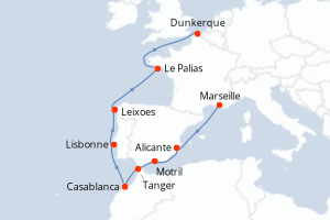 Carte itinéraire croisière Trésors de l?Atlantique - 12 jours au départ de Marseille - Europe du Nord