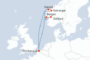 Carte itinéraire croisière Fjords de Norvège - 8 jours au départ de Dunkerque - Europe du Nord