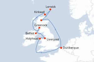 Carte itinéraire croisière Trésors des îles Britanniques - 11 jours au départ de Dunkerque - Europe du Nord
