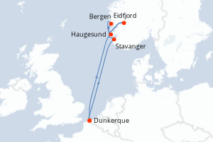 Carte itinéraire croisière Le Meilleur de la Norvège - 7 jours au départ de Dunkerque - Europe du Nord