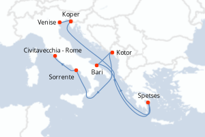 Carte itinéraire croisière Italie, Slovénie, Grèce, Monténégro - 7 jours au départ de Venise - Méditerranée
