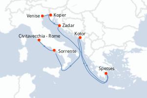 Carte itinéraire croisière Italie, Monténégro, Grèce, Croatie, Slovénie - 7 jours au départ de Civitavecchia - Rome - Méditerranée