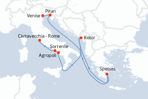 Carte itinéraire croisière Italie, Slovénie, Grèce, Monténégro - 7 jours au départ de Venise - Méditerranée