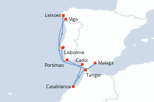 Carte itinéraire croisière Portugal, Espagne, Maroc - 10 jours au départ de Lisbonne - Atlantique