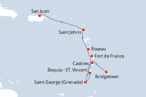 Carte itinéraire croisière Barbade, Sainte-Lucie, Grenade, Saint Vincent-et-les-Grenadines, France, Dominique, Antigua-et-Barbuda, Porto Rico - 8 jours au départ de Bridgetown - Caraïbes Bahamas