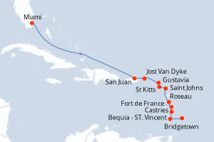 Carte itinéraire croisière Barbade, Saint Vincent-et-les-Grenadines, Sainte-Lucie, France, Dominique, Antigua-et-Barbuda, Royaume-Uni, Porto Rico, États-Unis - 12 jours au départ de Bridgetown - Caraïbes Bahamas