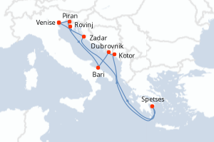 Carte itinéraire croisière Italie, Slovénie, Croatie, Monténégro, Grèce - 9 jours au départ de Venise - Méditerranée