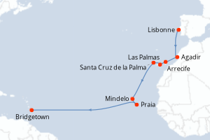 Carte itinéraire croisière Portugal, Maroc, Espagne, Cap-Vert, Barbade - 15 jours au départ de Lisbonne - Caraïbes Bahamas