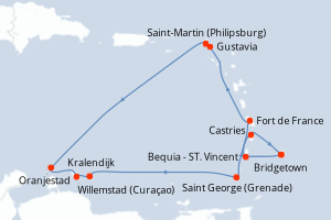 Carte itinéraire croisière Barbade, Saint Vincent-et-les-Grenadines, France, Royaume-Uni, Pays-Bas, Aruba, Grenade, Sainte-Lucie - 12 jours au départ de Bridgetown - Caraïbes Bahamas