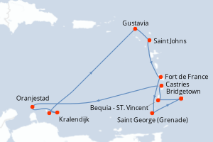 Carte itinéraire croisière Barbade, Saint Vincent-et-les-Grenadines, Sainte-Lucie, Aruba, Pays-Bas, Royaume-Uni, Antigua-et-Barbuda, France, Grenade - 12 jours au départ de Bridgetown - Caraïbes Bahamas