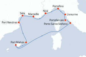 Carte itinéraire croisière France, Espagne, Italie - 11 jours au départ de Nice - Méditerranée