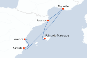 Carte itinéraire croisière Lumières d Espagne - 6 jours au départ de Marseille - Méditerranée