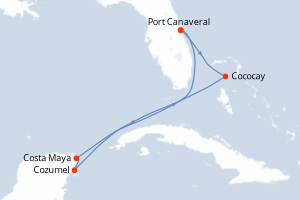 Carte itinéraire croisière États-Unis, Bahamas, Mexique - 7 jours au départ de Port Canaveral - Caraïbes Bahamas