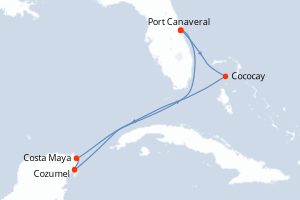 Carte itinéraire croisière États-Unis, Bahamas, Mexique - 7 jours au départ de Port Canaveral - Caraïbes Bahamas