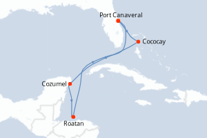 Carte itinéraire croisière États-Unis, Bahamas, Mexique, Honduras - 7 jours au départ de Port Canaveral - Caraïbes Bahamas