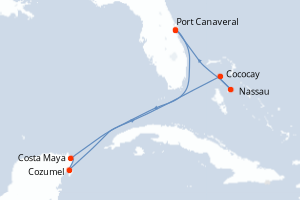 Carte itinéraire croisière États-Unis, Mexique, Bahamas - 7 jours au départ de Port Canaveral - Caraïbes Bahamas