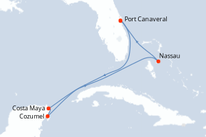 Carte itinéraire croisière États-Unis, Mexique, Bahamas - 7 jours au départ de Port Canaveral - Caraïbes Bahamas