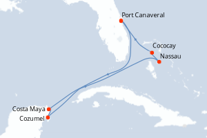 Carte itinéraire croisière États-Unis, Mexique, Bahamas - 7 jours au départ de Port Canaveral - Caraïbes Bahamas