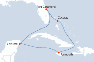 Carte itinéraire croisière États-Unis, Mexique, Jamaïque, Bahamas - 7 jours au départ de Port Canaveral - Caraïbes Bahamas