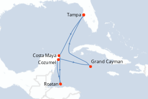Carte itinéraire croisière États-Unis, Honduras, Mexique, Caïmans (Îles) - 8 jours au départ de Tampa - Caraïbes Mexique