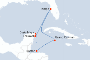 Carte itinéraire croisière États-Unis, Mexique, Honduras, Caïmans (Îles) - 8 jours au départ de Tampa - Caraïbes Mexique