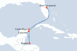 Carte itinéraire croisière États-Unis, Honduras, Mexique - 7 jours au départ de Port Canaveral - Caraïbes Bahamas