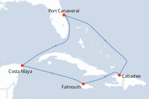 Carte itinéraire croisière États-Unis, Mexique, Jamaïque, Haïti - 7 jours au départ de Port Canaveral - Caraïbes Bahamas