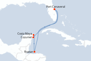 Carte itinéraire croisière États-Unis, Mexique, Honduras - 7 jours au départ de Port Canaveral - Caraïbes Bahamas
