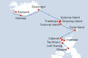 Carte itinéraire croisière Archipels sauvages de l?Atlantique Nord - 10 jours au départ de Glasgow - Europe du Nord