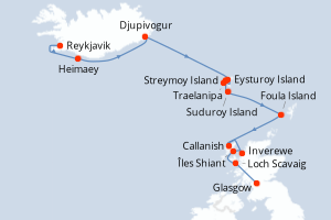 Carte itinéraire croisière Archipels sauvages de l?Atlantique Nord - 11 jours au départ de Reykjavik - Europe du Nord
