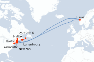 Carte itinéraire croisière Nouvelle-Écosse et côte est des États-Unis - 13 jours au départ de Boston - Amérique du Nord